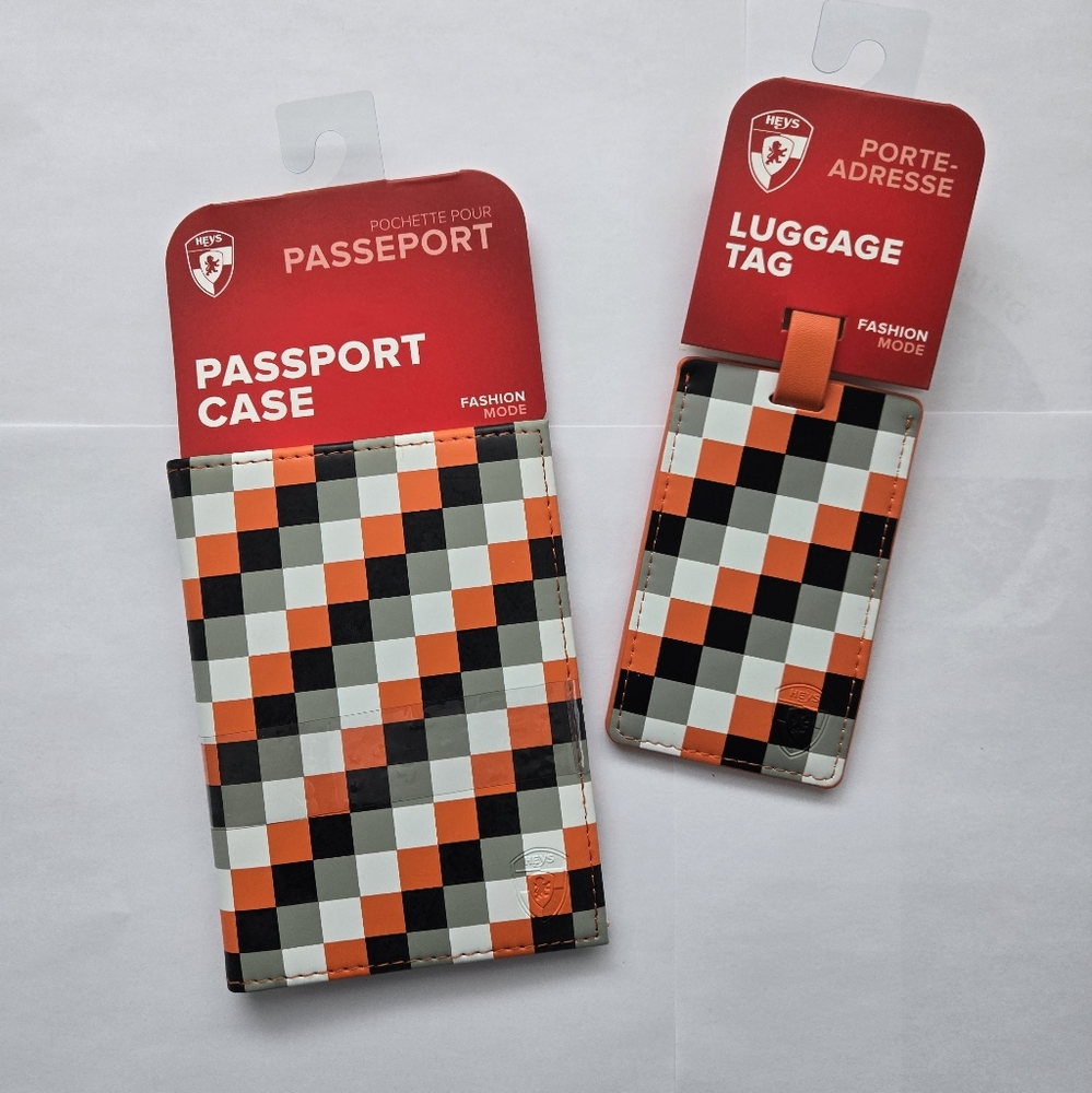 NWT Heys Orange Check Passport Case and Luggage Tag Set